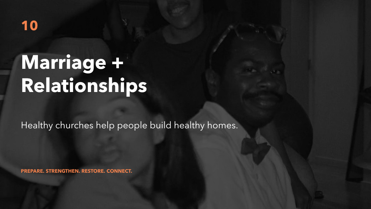 10 - Marriage and Relationships. Healthy churches help people build healthy homes.